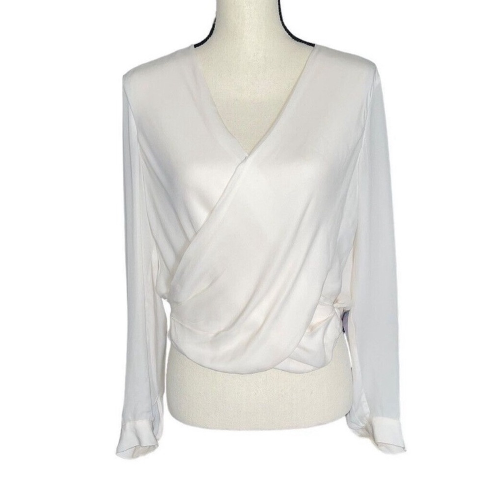 L’Agence Women Ivory Long Sleeve Draped Faux-Wrap Silk Blouse Size S